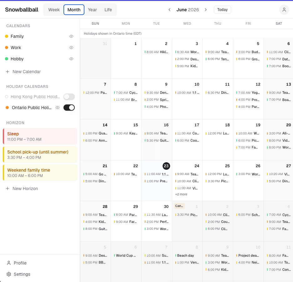 Snowballball Month view — events, holidays, and density at a glance
