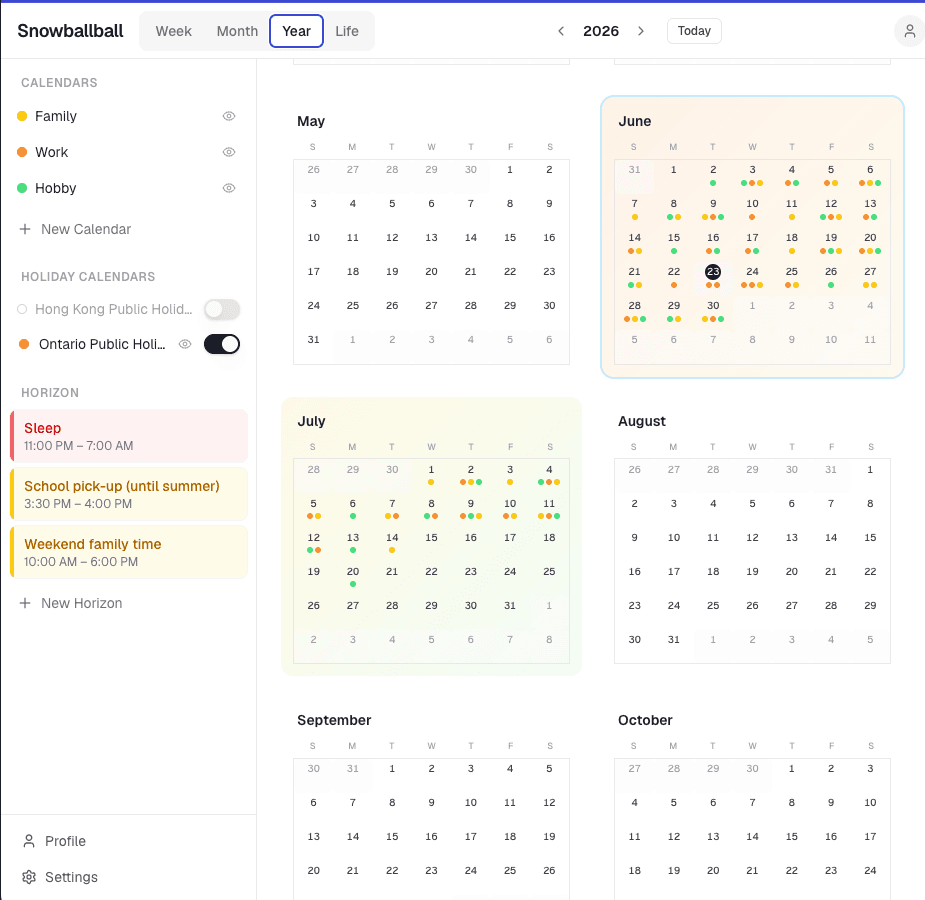 Snowballball Year view — twelve months with activity dots and soft gradients